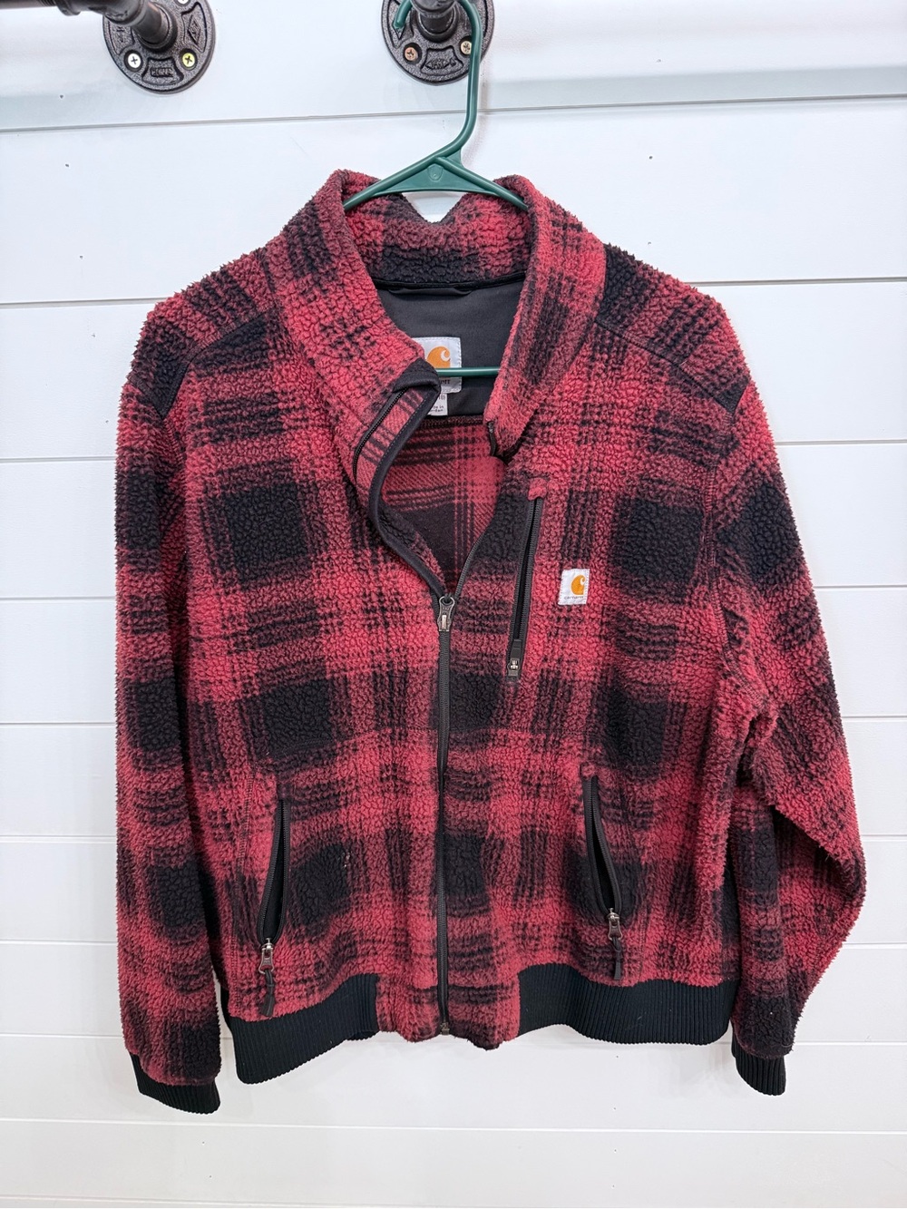Carhartt Red and Black Plaid Sherpa Zip-Up Jacket